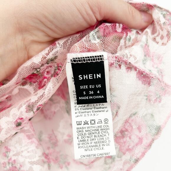 Shein‎ Womens Y2K Coquette Barbiecore Lace Mesh Floral Crop Cami Top Size S Pink - Picture 3 of 6